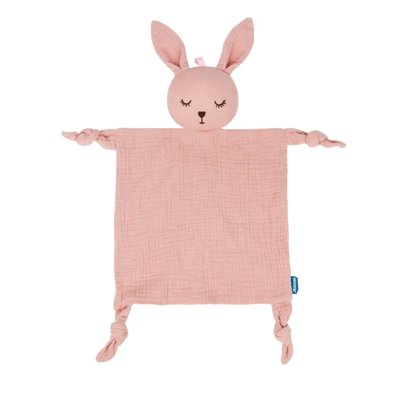 Soft cotton baby security blanket with plush stuffed animal, designed for newborns to soothe and comfort during sleep.