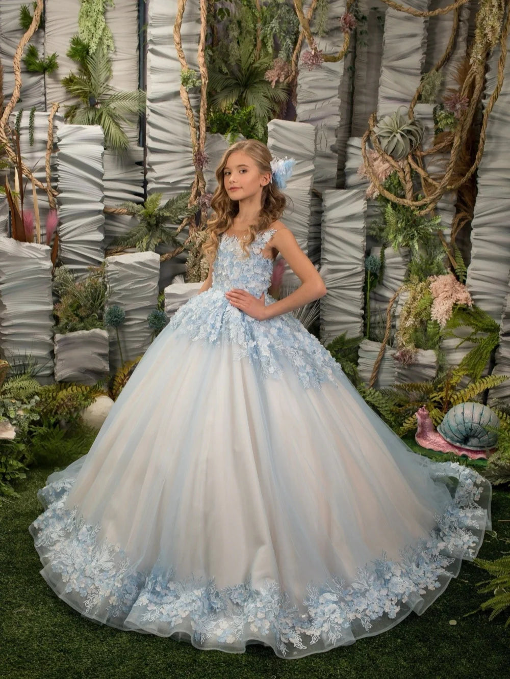 Light Blue Shimmering 3D Floral Princess Gown For Girls Birthday Party Classic Elegant Oneck Sleeveless Kids Dresses 2-14Y