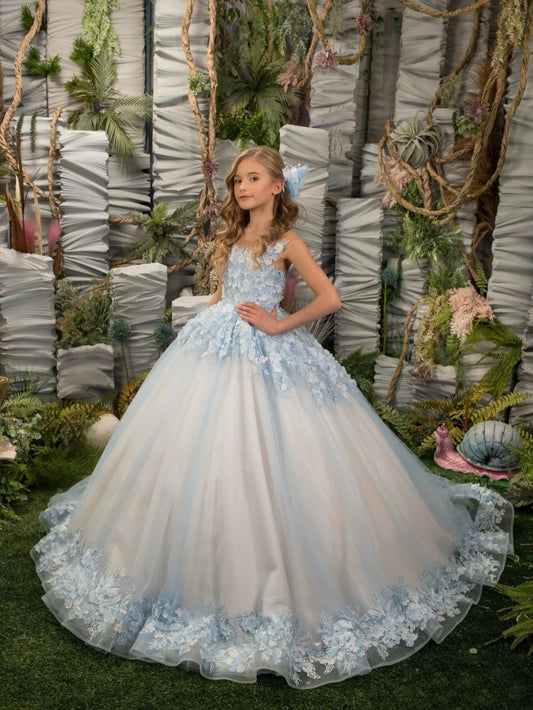 Light Blue Shimmering 3D Floral Princess Gown For Girls Birthday Party Classic Elegant Oneck Sleeveless Kids Dresses 2-14Y