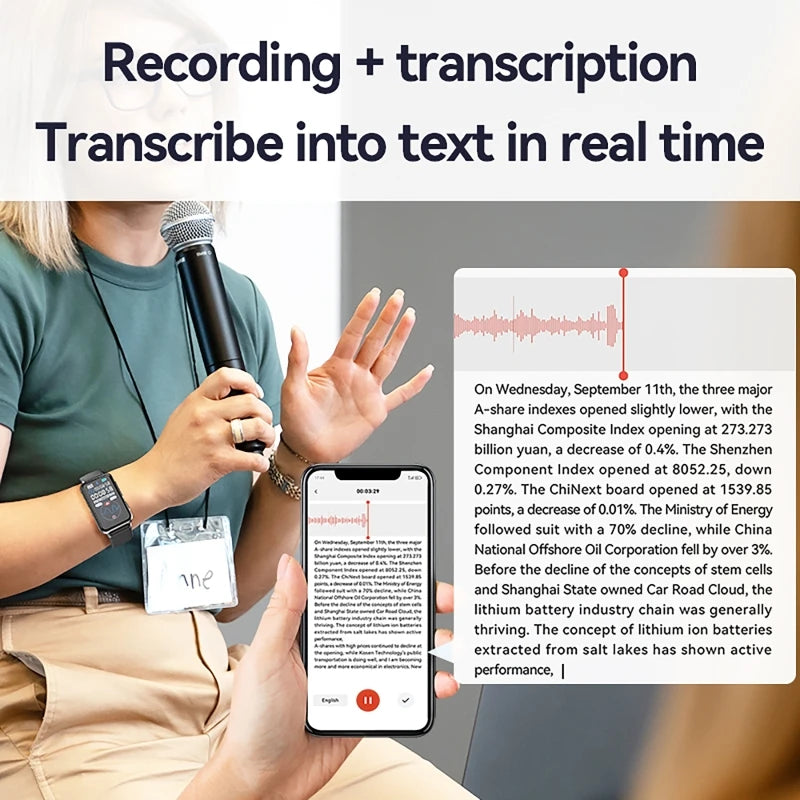 Ansoff smart recording watch with AI recorder, real-time transcription, translation, and bracelet design with app control.