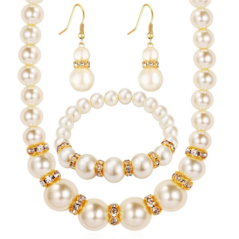 High Quality Luxury Elegant Simulated Pearl Necklace Earrings Bracelet Sets Women Bridal Banquet Wedding Fashion Jewelry Gifts