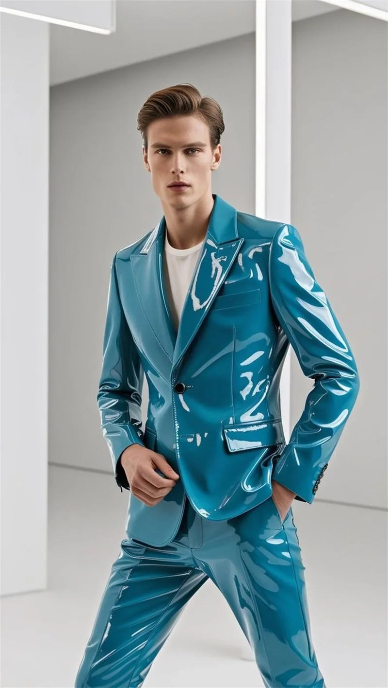 Blue PU Leather Men Suits Set 2 Piece Blazer+Pants Trousers Wedding Tuxedo Formal Office Groom Prom Jacket Business Coat