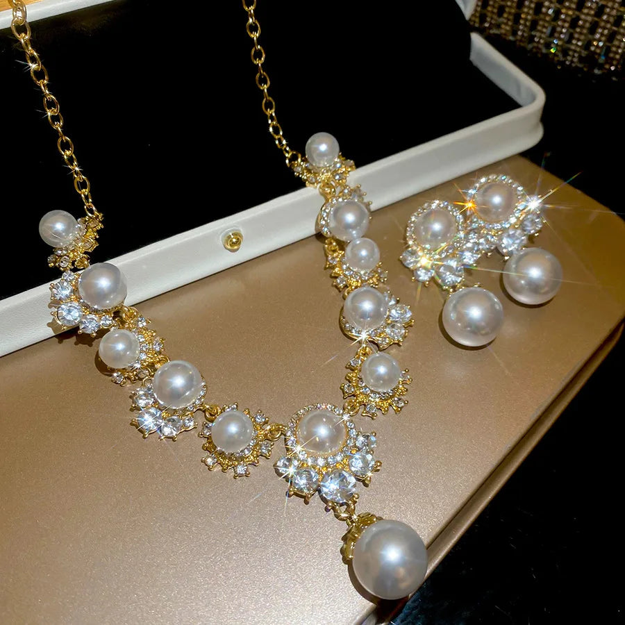 Imitation Pearl Pendant Earrings French Inlaid Shiny Rhinestones Pendnat Necklaces Elegant Woman for Wedding Party Jewelry Set K