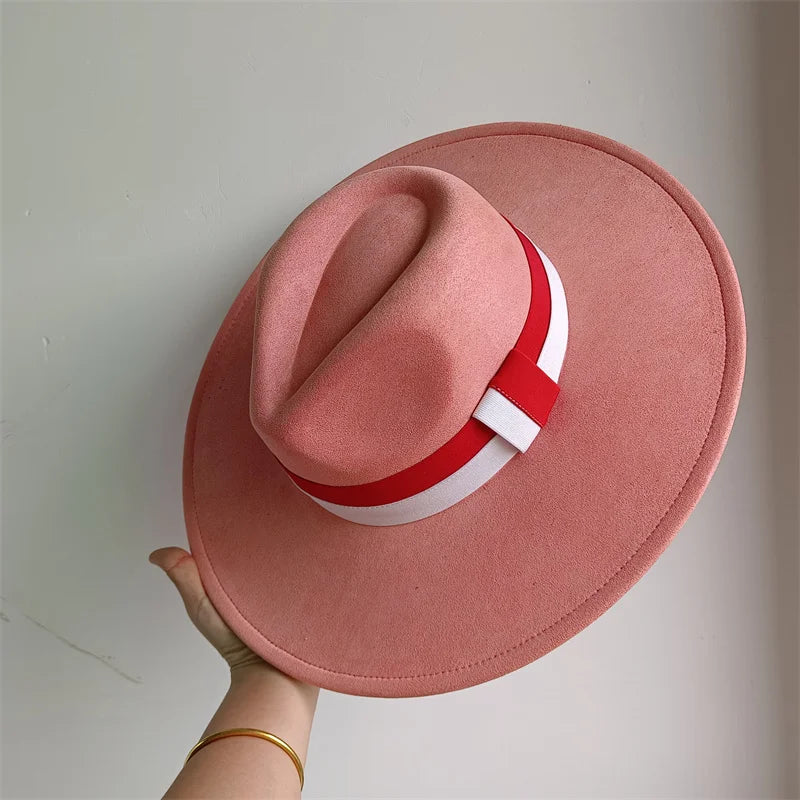 Colorblock ribbon colorful suede women's and men's felt wide brim hat in retro British style, suitable for autumn and winter.