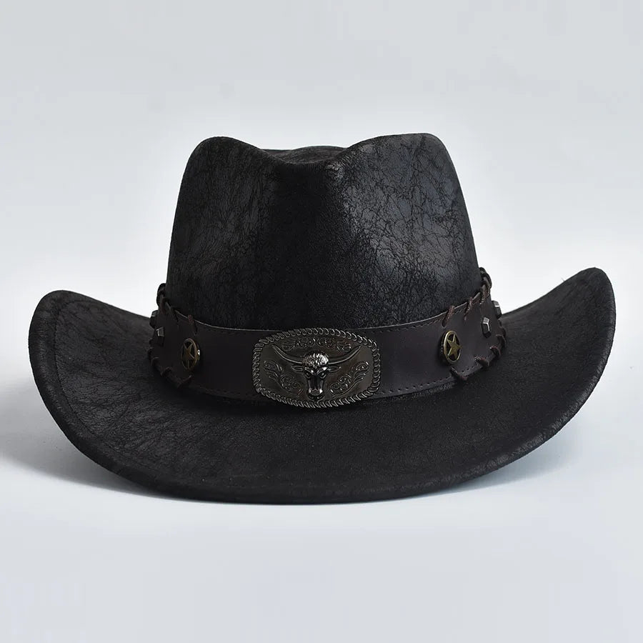 Ansoff western cowboy hat for men and women, faux leather vintage cowboy or cowgirl costume sombrero with wide brim