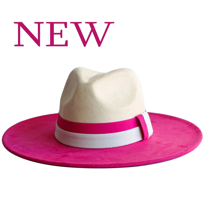 Colorblock ribbon colorful suede hat by Ansoff, a wide-brim felt hat for women and men in British retro style for autumn and winter.
