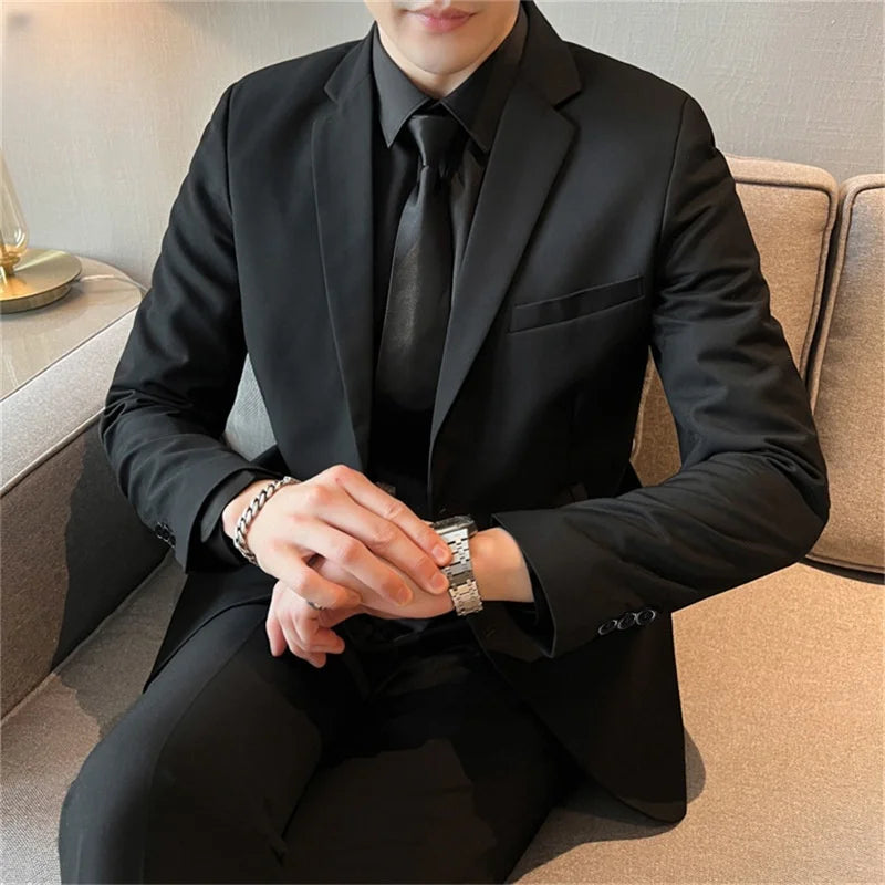 Men's Ansoff casual formal suit with blazer and trousers, solid color, slim fit, suitable for business, wedding, and four-season wear.