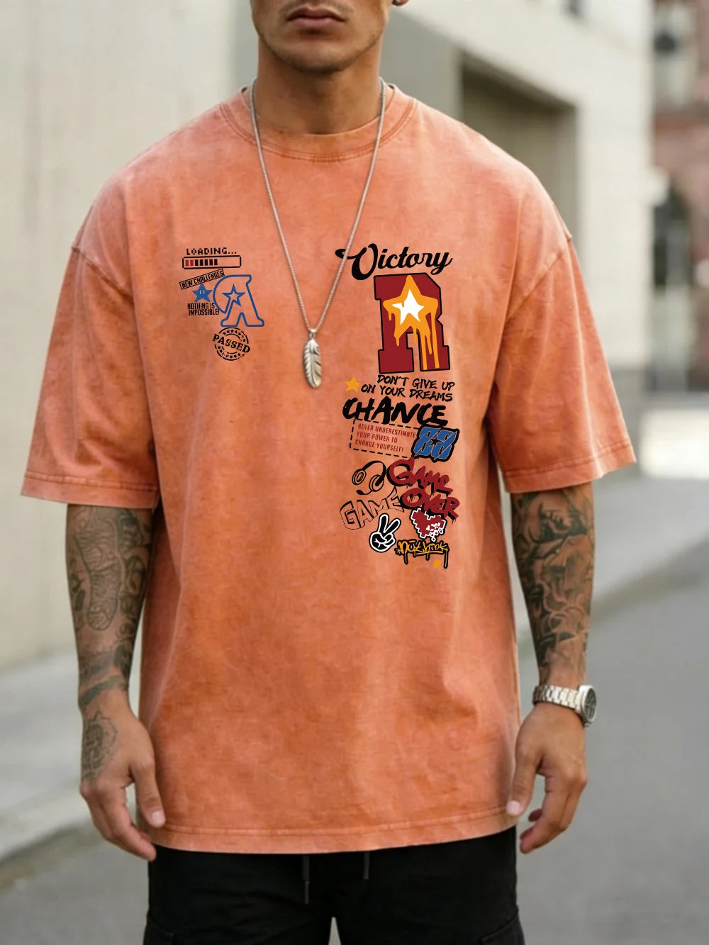 Men's oversized cotton T-shirt with sports letter jersey print, washed finish, short sleeves, O-neck, casual summer top by Ansoff.