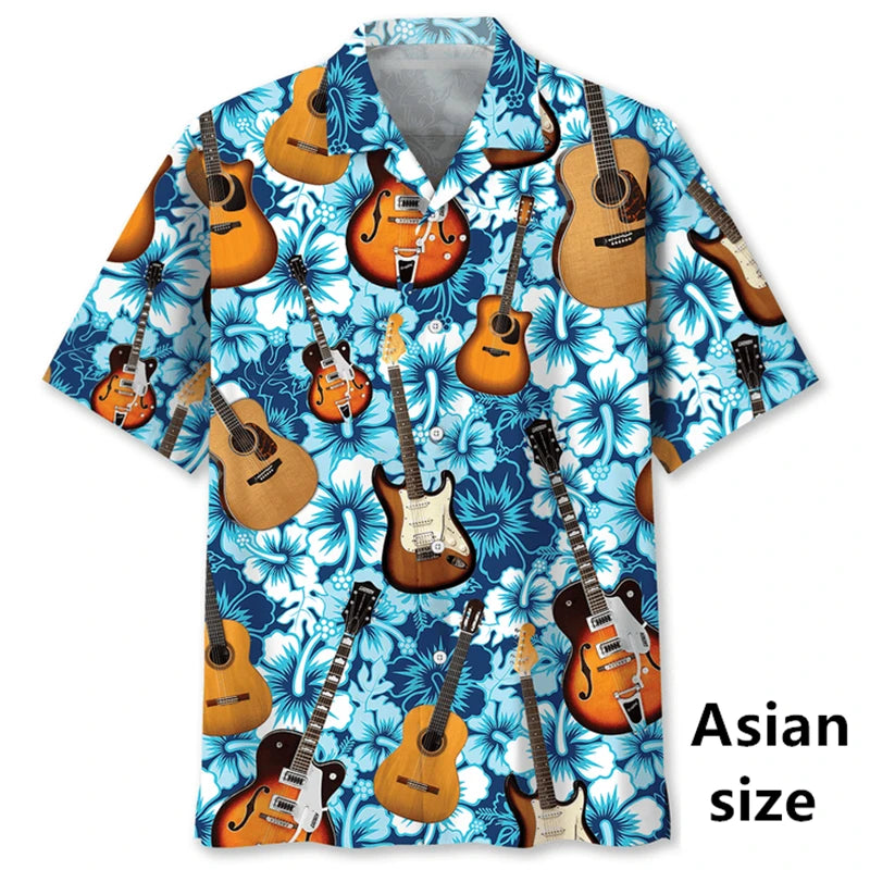 Men Hawaiian shirt by Ansoff featuring 3D tropical plant, music guitar prints, casual beachwear, perfect for vacation fashion.