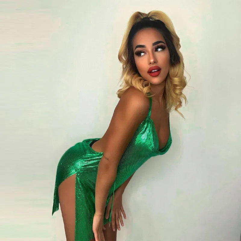 Elegant women's short sequin dress by Ansoff featuring a hanging neck, backless design, and stylish party girl dance wear.