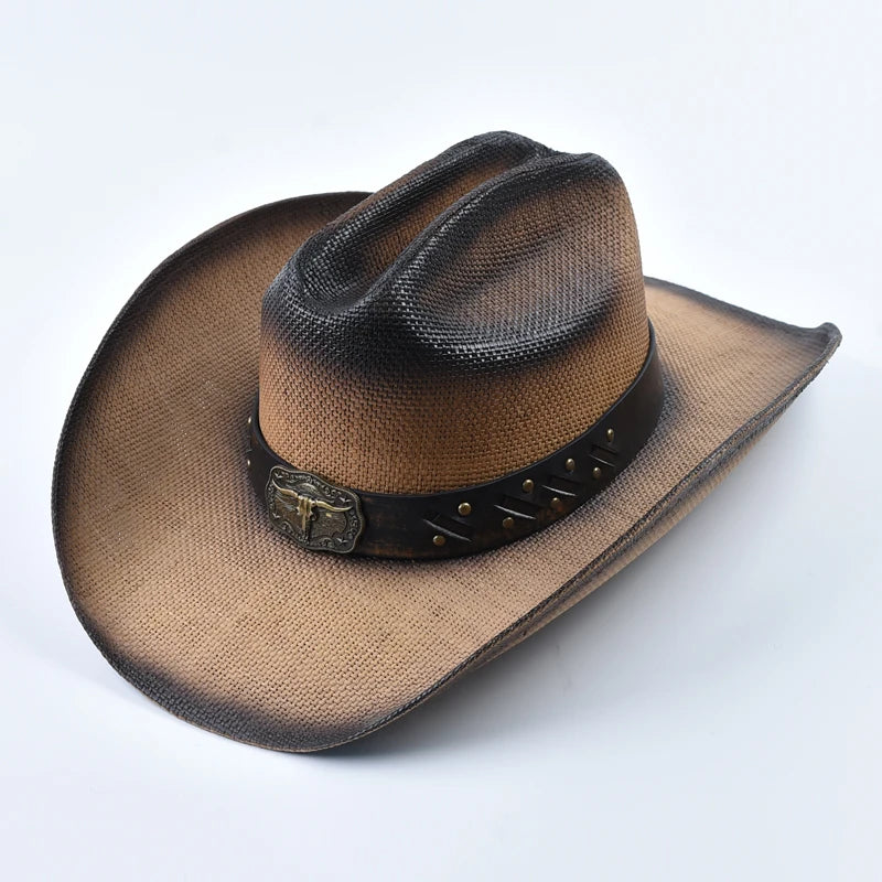 New Western Style Straw Cowboy Summer Hats For Men Vintage Curled Wide Brim Cowgirl Hats Sombrero Hombre