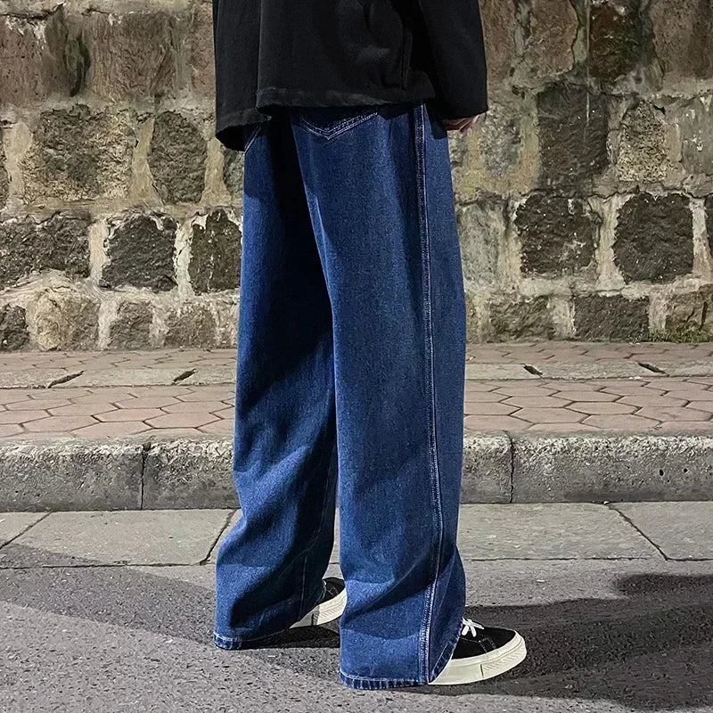 Men's loose streetwear jeans by Ansoff in black and light blue, featuring wide-leg, straight fit, Korean style fashion pants.