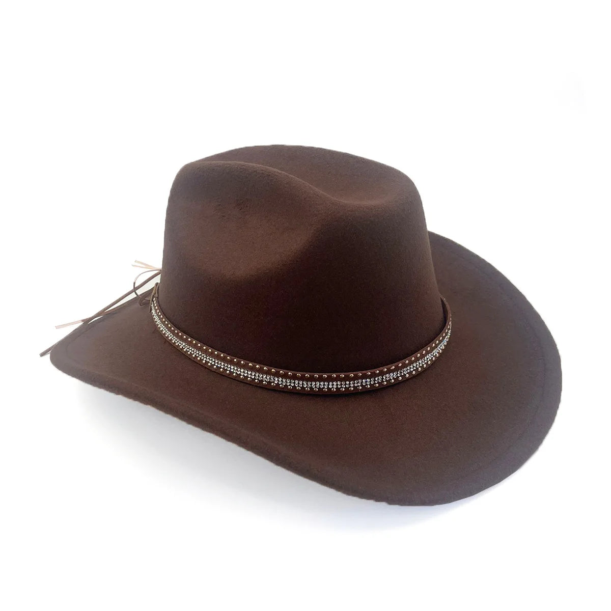 Vintage wool felt cowboy hat with wide brim and adjustable headband, ideal for outdoor riding and rodeo activities for men and women.