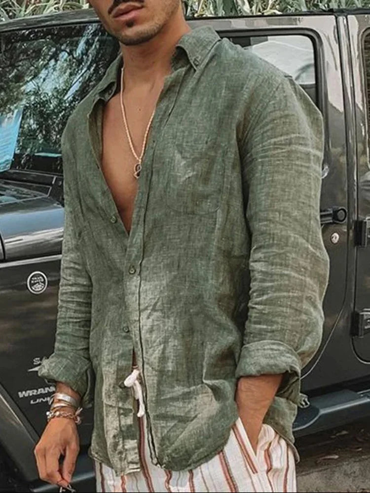 Men's long sleeve casual shirt by Ansoff, loose fit, single-breasted design, suitable for spring and summer, relaxed leisure style.