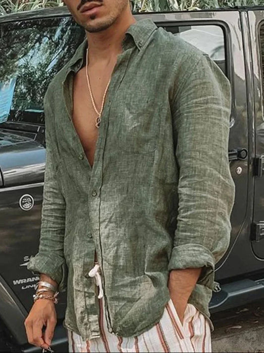 Men's long sleeve casual shirt by Ansoff, loose fit, single-breasted design, suitable for spring and summer, relaxed leisure style.