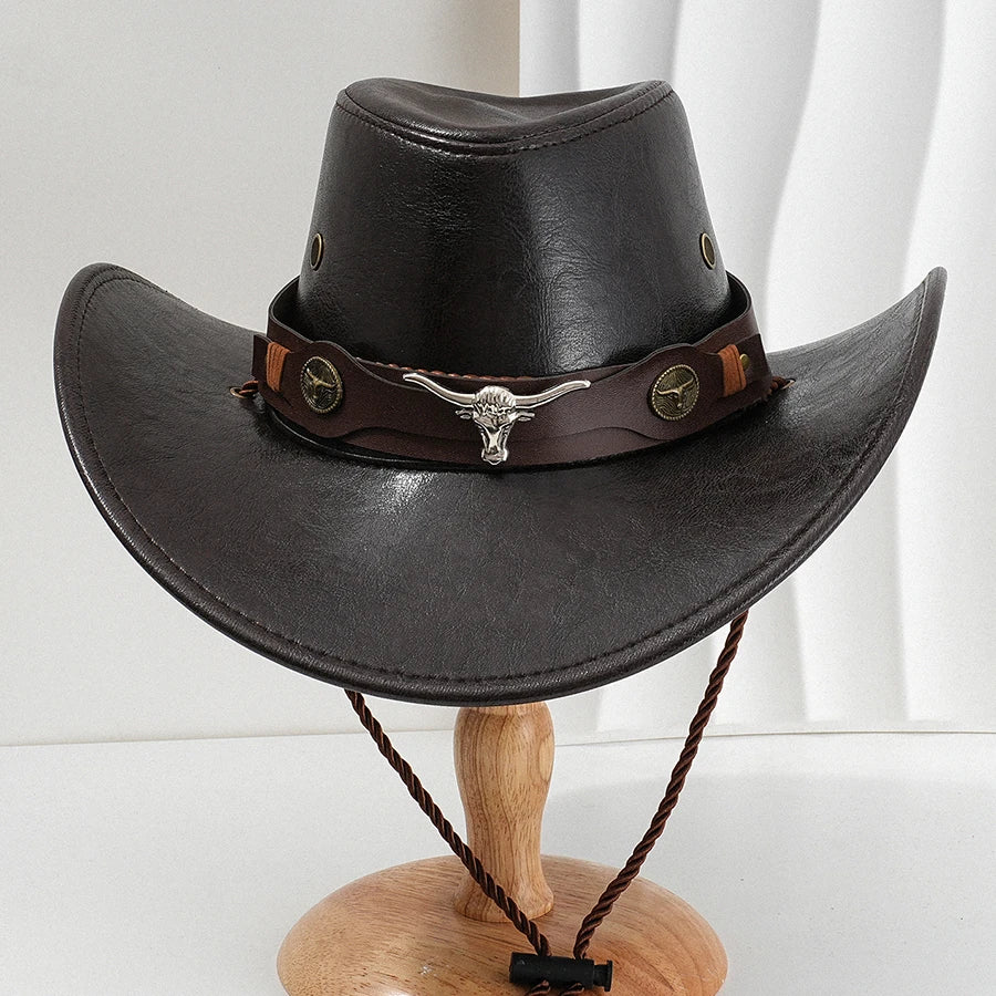 Unisex vintage faux leather cowboy hat with wide brim, western style, suitable for outdoor wear, by Ansoff.