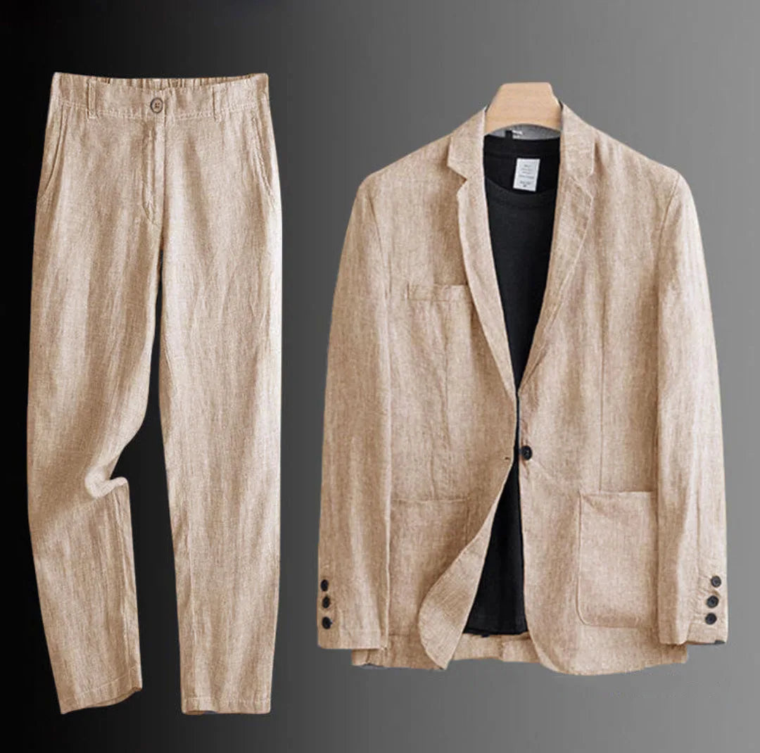 Men's summer office suit by Ansoff featuring an airy slim fit blazer and comfortable dress pants in a stylish 2-piece set.