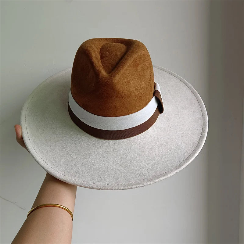 Colorblock ribbon suede felt hat for women and men, wide brim British style retro autumn and winter fashion by Ansoff.