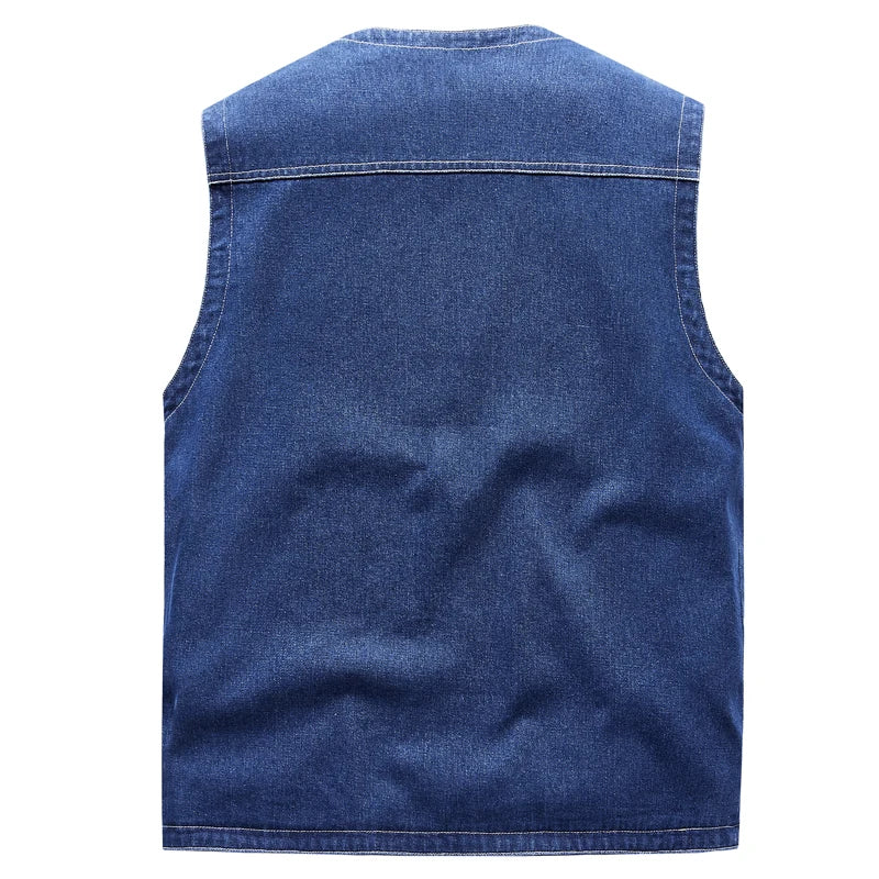 Men's blue denim jean vest by Ansoff featuring multi-pocket cargo design, sleeveless motorcycle-style outerwear with retro fashion appeal.