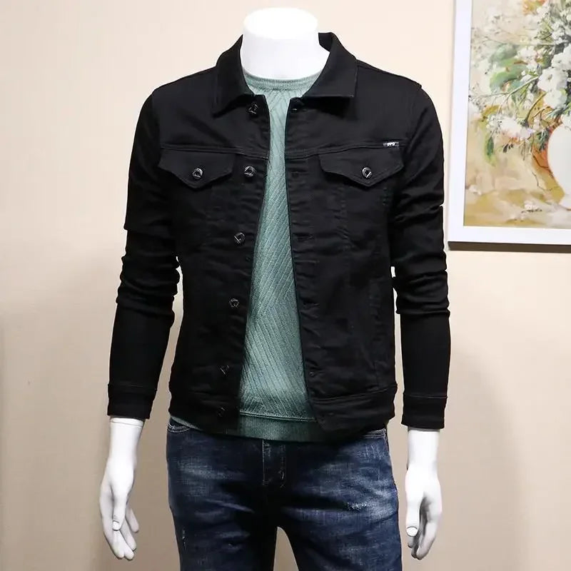 Ansoff men's black denim jacket with button closure, slim fit, stylish winter outerwear for autumn 2025, high-quality original design