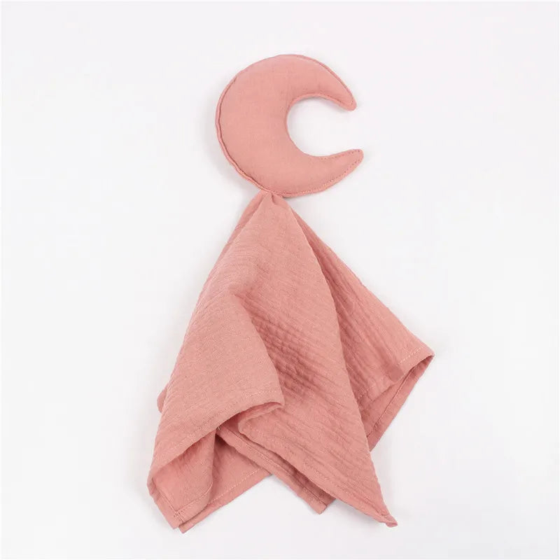 Soft cotton muslin baby security blanket with plush stuffed animal snuggle toy for newborns, soothing and comforting.