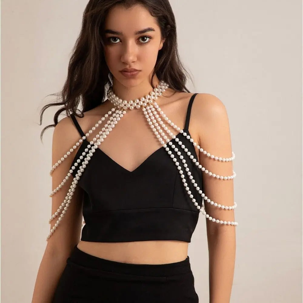 Handmade Jewelry Pearls Shoulder Chain Round Bead Black/White Beads Bridal Tassel Necklace Easy to Wear Elegant