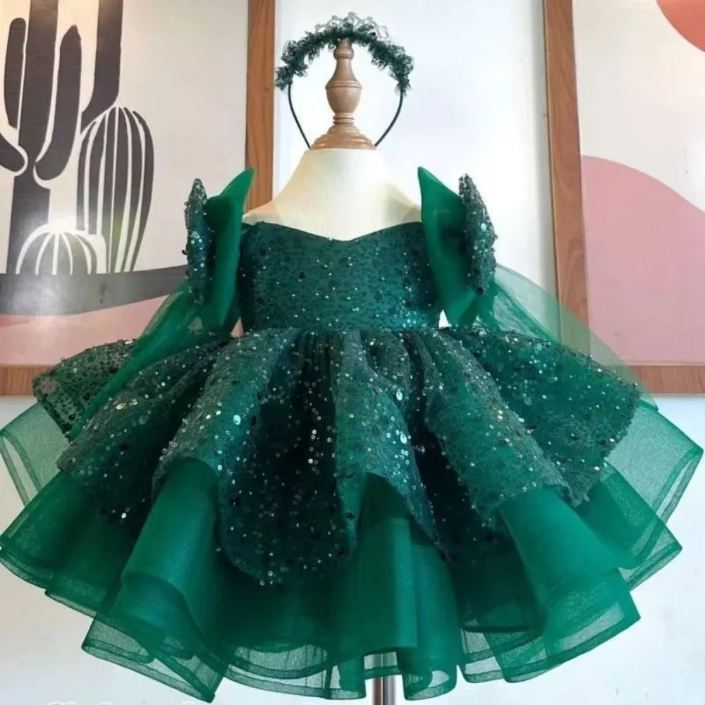 Girls sequined princess dress by Ansoff with V neck, bow shoulders, layered tulle skirt, perfect for formal parties.