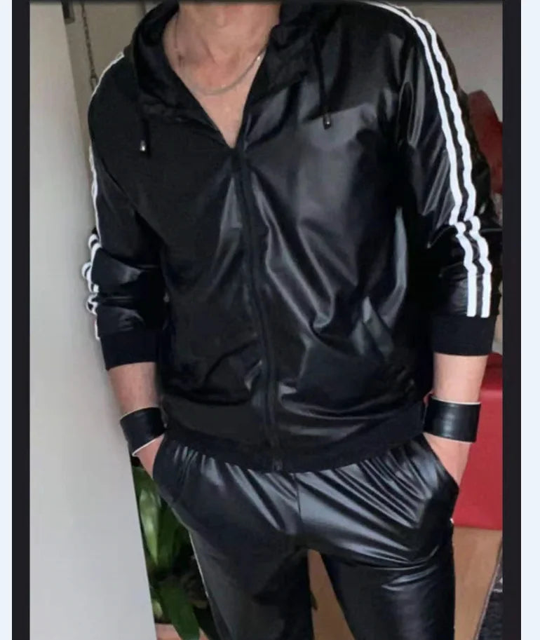 Men's casual PU leather hoodie suit by Ansoff, featuring a hooded jogging tracksuit with a stylish, sporty look.