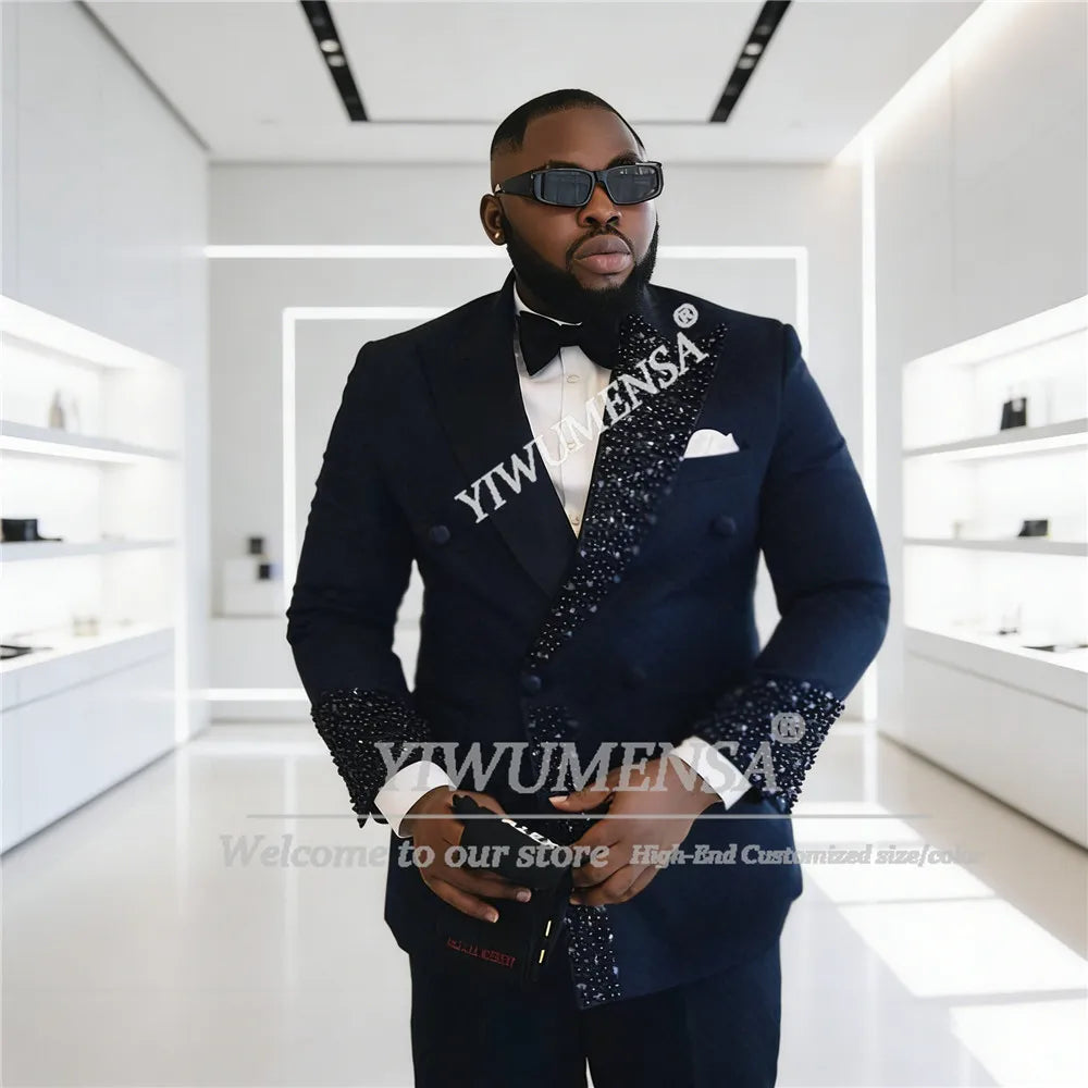 Unique Design Beading Pearls Suits Men Plus Size Double Breasted Jacket Pants 2 Piece Set Groom Tuxedos Customized Male Outfits