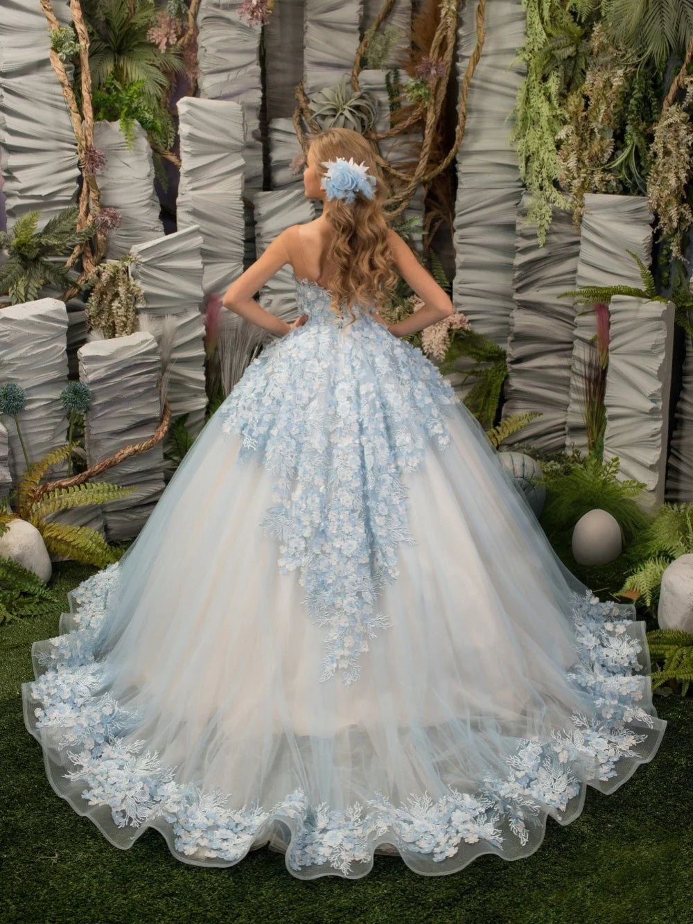 Light Blue Shimmering 3D Floral Princess Gown For Girls Birthday Party Classic Elegant Oneck Sleeveless Kids Dresses 2-14Y