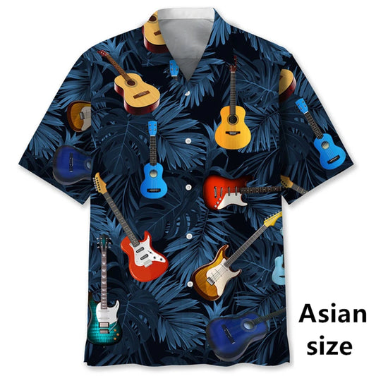 Men's Hawaiian shirt by Ansoff featuring 3D tropical plant and music guitar prints, casual beachwear for vacation and trendy style.