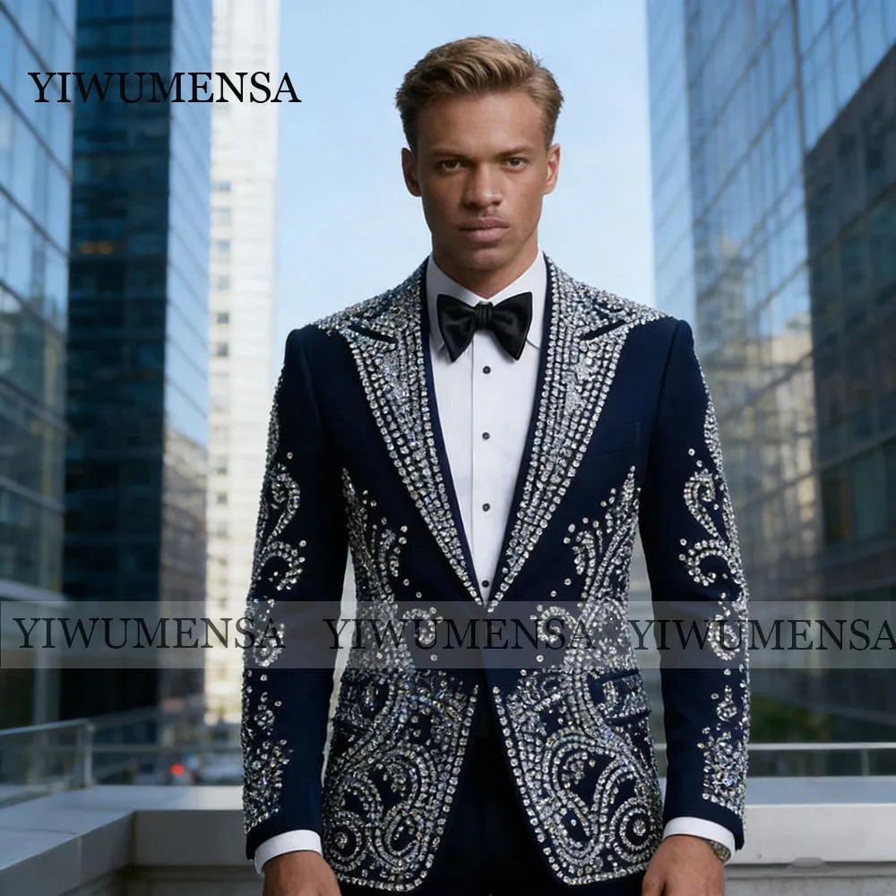 Ansoff men's wedding tuxedo set with sparkly beaded stones, single-breasted jacket and matching pants, perfect for formal occasions.