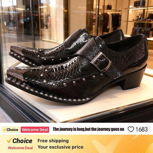 steel toe high heels Snake pattern red black wedding oxford for men rivets formal shoes men genuine leather party shoes men