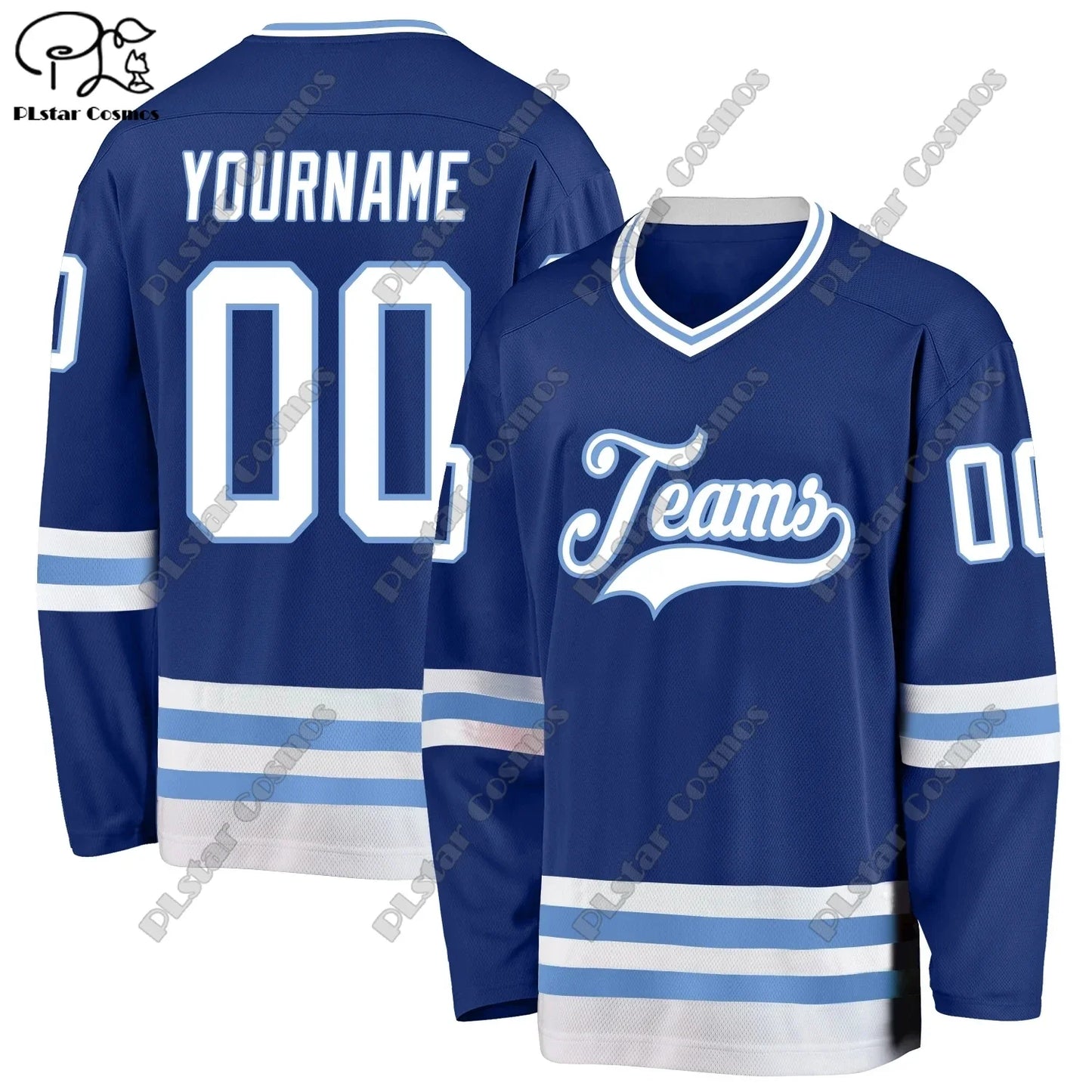 Colorful personalized hockey jersey by Ansoff featuring a V-neck, long sleeves, 3D printed design, casual sweatshirt style.