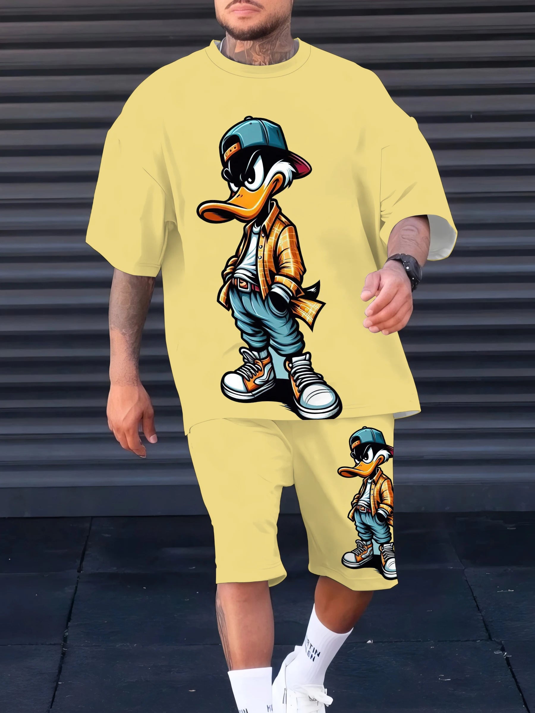 Men's summer suit by Ansoff with cartoon duck print, casual and fashionable polyester fabric, perfect for stylish summer wear