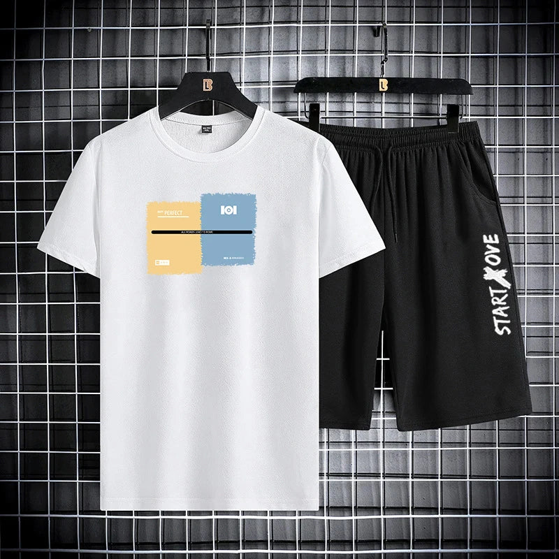 Ansoff men's summer shorts set with short sleeve tee, casual gym outfit, 2-piece tracksuit for men and students, stylish and comfortable.