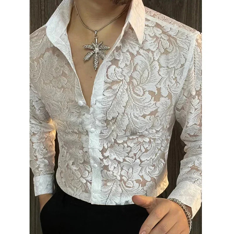 Men's slim fit spring long sleeve transparent shirt by Ansoff, ideal for casual social events and nightlife.