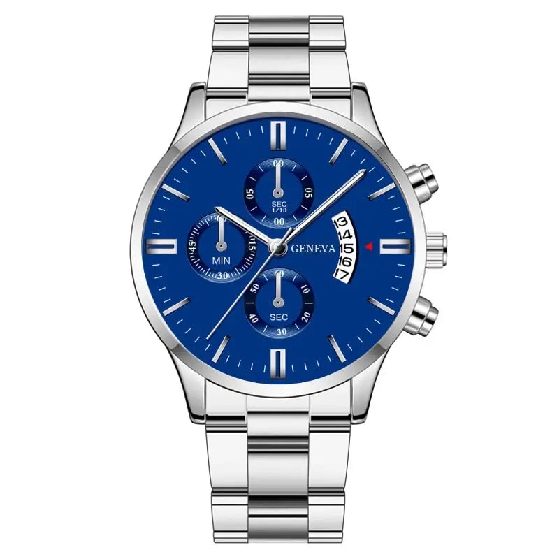 Luxury silver stainless steel men's wrist watch by Ansoff with quartz movement, calendar, and business style for men.