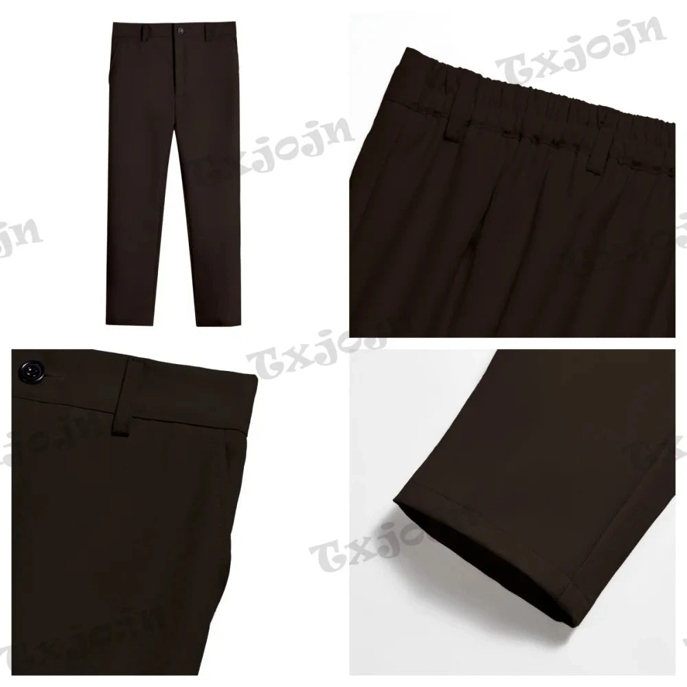 Elegant brown children's tuxedo set by Ansoff, includes shawl collar jacket, vest, pants, and shirt for boys 3-14 years.