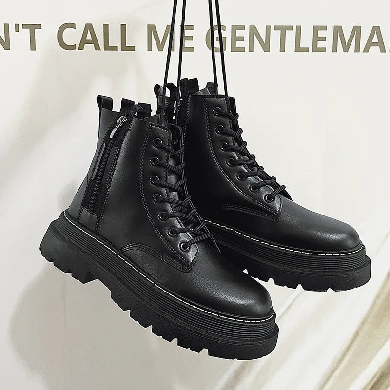 Men's black leather high-top British fashion locomotive work boots by Ansoff, featuring durable design and stylish details.