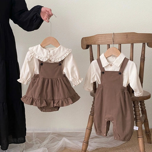 Baby Brother And Sister Clothes 2025 Autumn Korean Infant Girl Blouses+Romper Dress 2Pcs Sets Toddler Boy Shirt Overalls Outfits