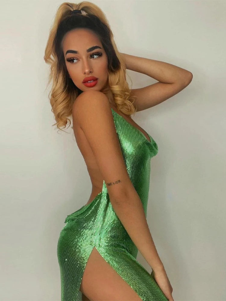 Elegant women's short dance dress by Ansoff with sequin embellishments, hanging neck, backless design, perfect for parties and nights out.