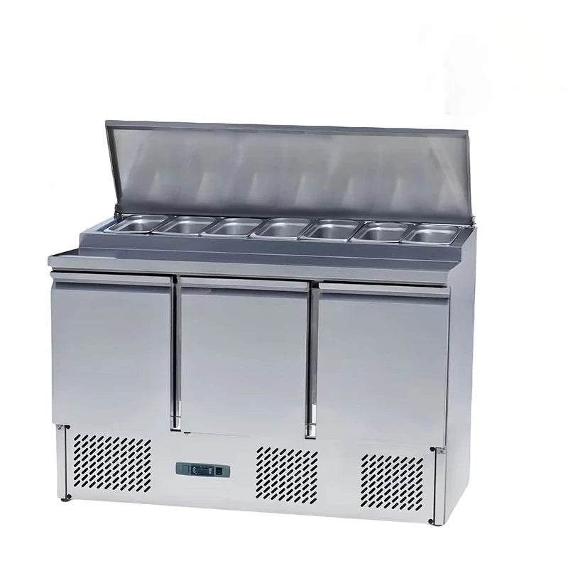 Ansoff stainless steel under counter freezer with two doors, commercial kitchen workbench, air cooling system, and durable worktop surface.