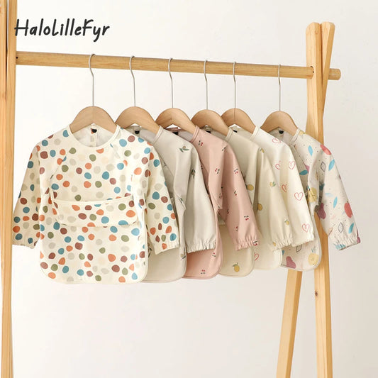 Ansoff infant feeding bibs for children, long sleeve printed art smock with waterproof fabric, pocket, ideal for boys and girls during meals.