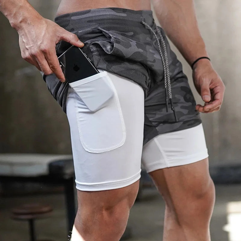 Men's camo running shorts by Ansoff, 2-in-1 gym sports shorts with quick-dry fabric for workout and jogging.