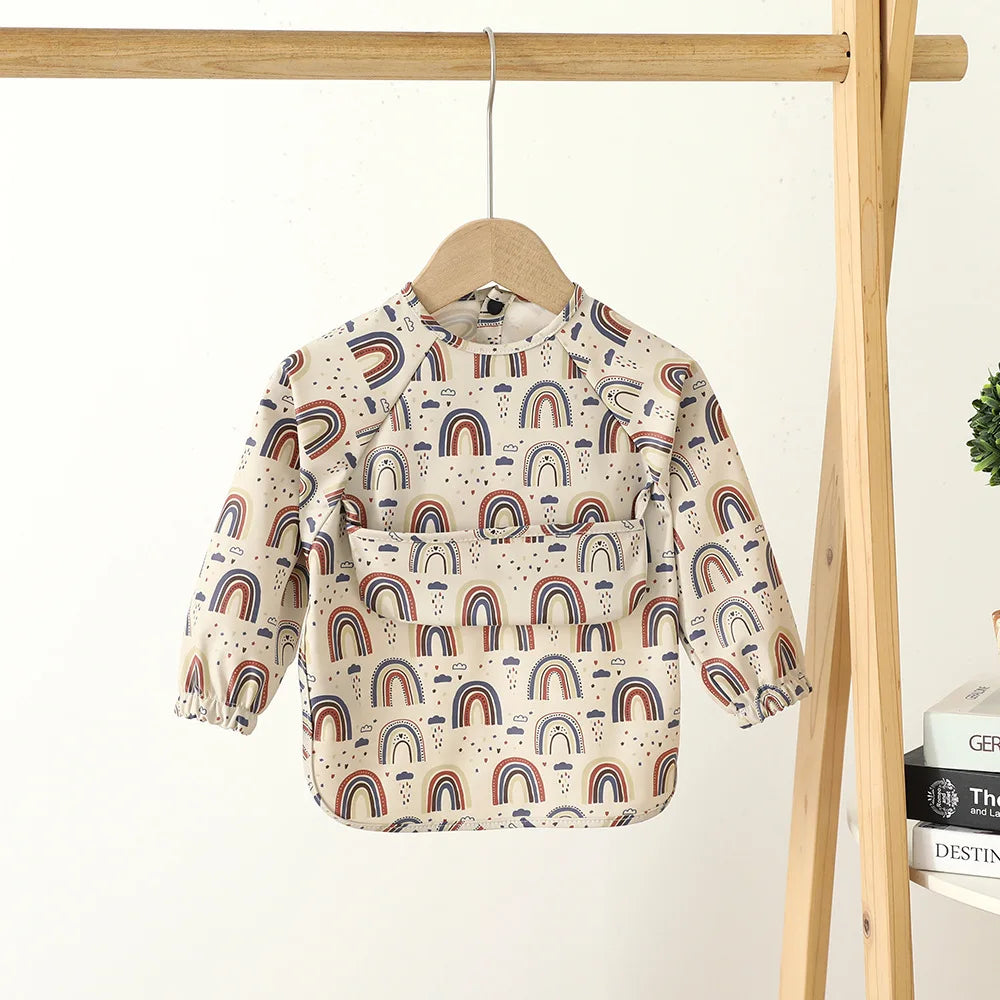 Ansoff infant feeding bibs with long sleeves, printed art design, waterproof fabric, and front pocket for boys and girls.