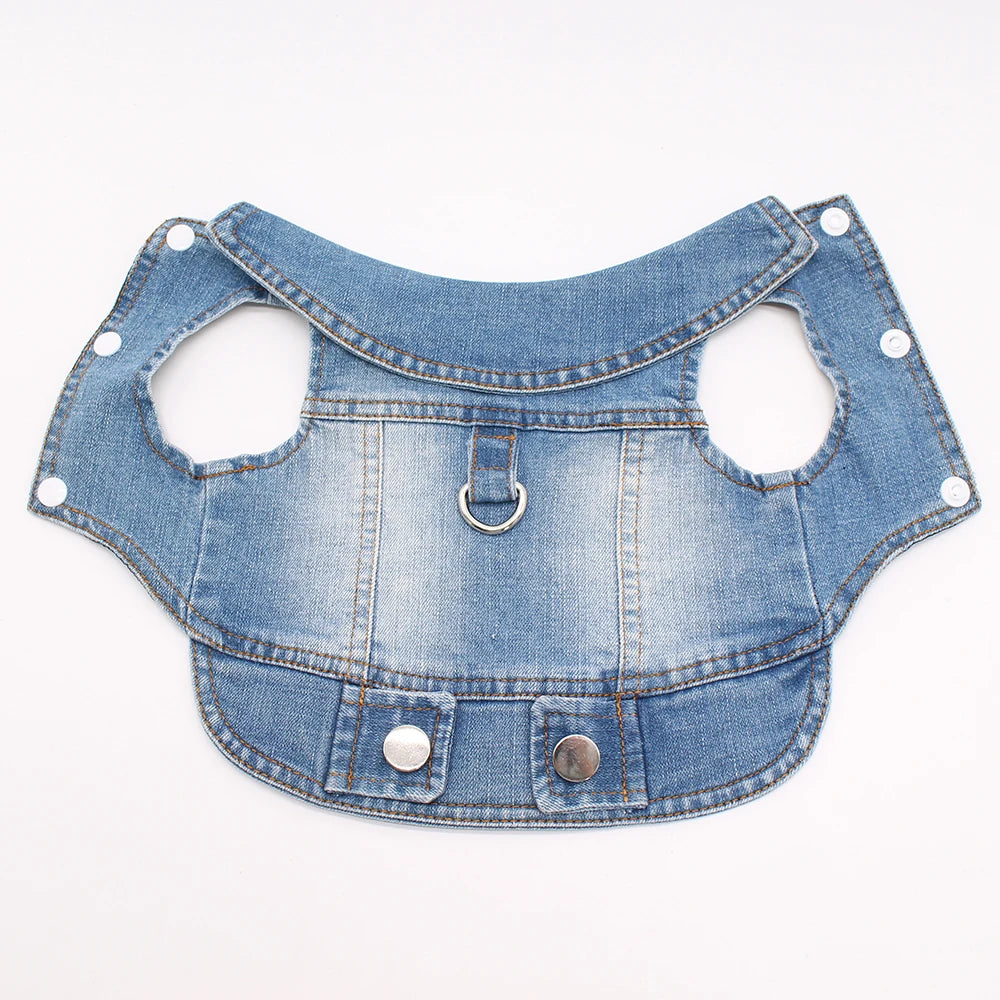 Ansoff 2024 thin denim dog jeans jacket with leash traction buckle, stylish harness vest for small and medium puppies.