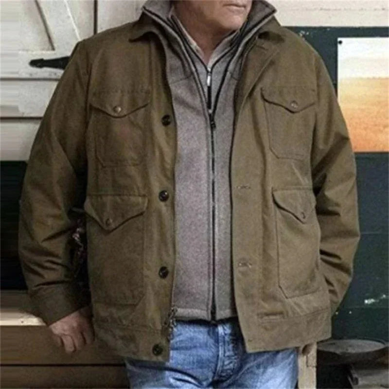 Black men's cotton denim jacket by Ansoff, 5XL cowboy-style jean coat with autumn winter casual outerwear for men.