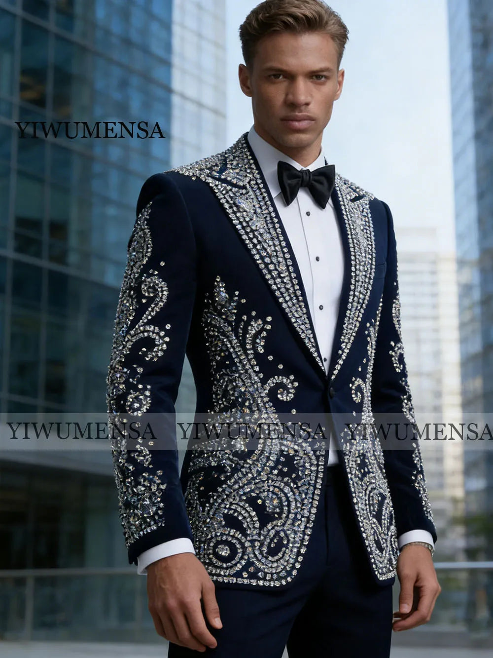 Ansoff men's wedding tuxedo set with sparkly beaded stones, single-breasted jacket, matching pants, perfect for grooms and parties.