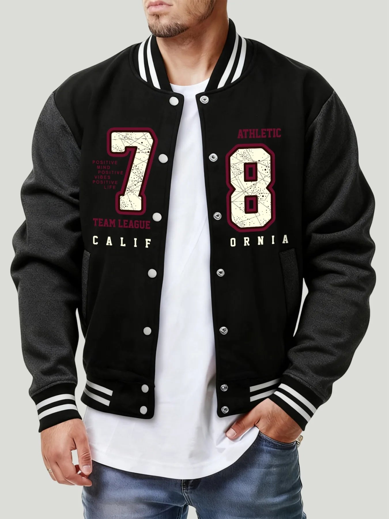 Ansoff California Athletic Number 78 print men's fleece baseball jacket with vintage casual style and loose fit, autumn sportwear.